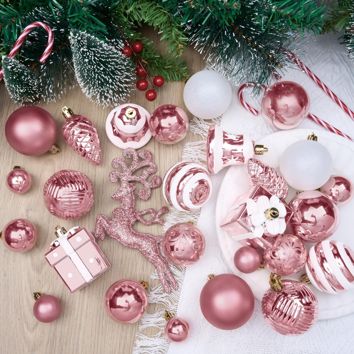 Joiedomi 66 Pcs Pink Christmas Balls Ornaments Set, Christmas Tree Ornaments Shatterproof Plastic for Xmas Hanging Decoration, Holiday Party Decoration