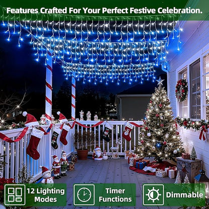 1332 LED Christmas Lights with 296 Drops,132ft 12 Modes Hanging ice String Lights with Timer & Dimmable & Waterproof, Plug-in Fairy Lights for Holiday Wedding Party Christmas Decor Blue & CoolWhite