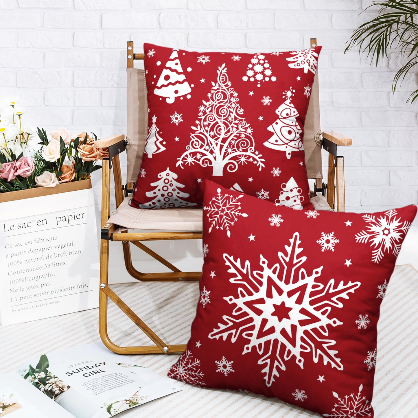 Kwlegh Red Christmas Pillow Covers 18x18 Winter Xmas Tree with Snowflakes Decorative Pillow Covers Set of 2 Holiday Cushion Case for Christmas Decorations Living Room Outdoor