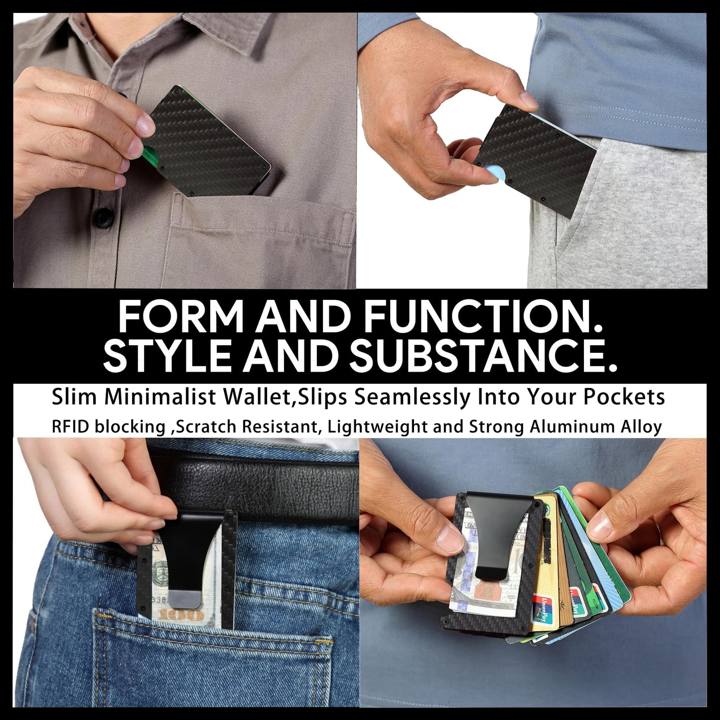 FIRDIKT Carbon Fiber Minimalist Wallet for Men, Slim Metal RFID Blocking Wallet Credit Card Holder Money Clip & Cash Strap, Scratch-Resistant Holds 15 Cards,Ideal Gift for Men | Matt Carbon Fiber