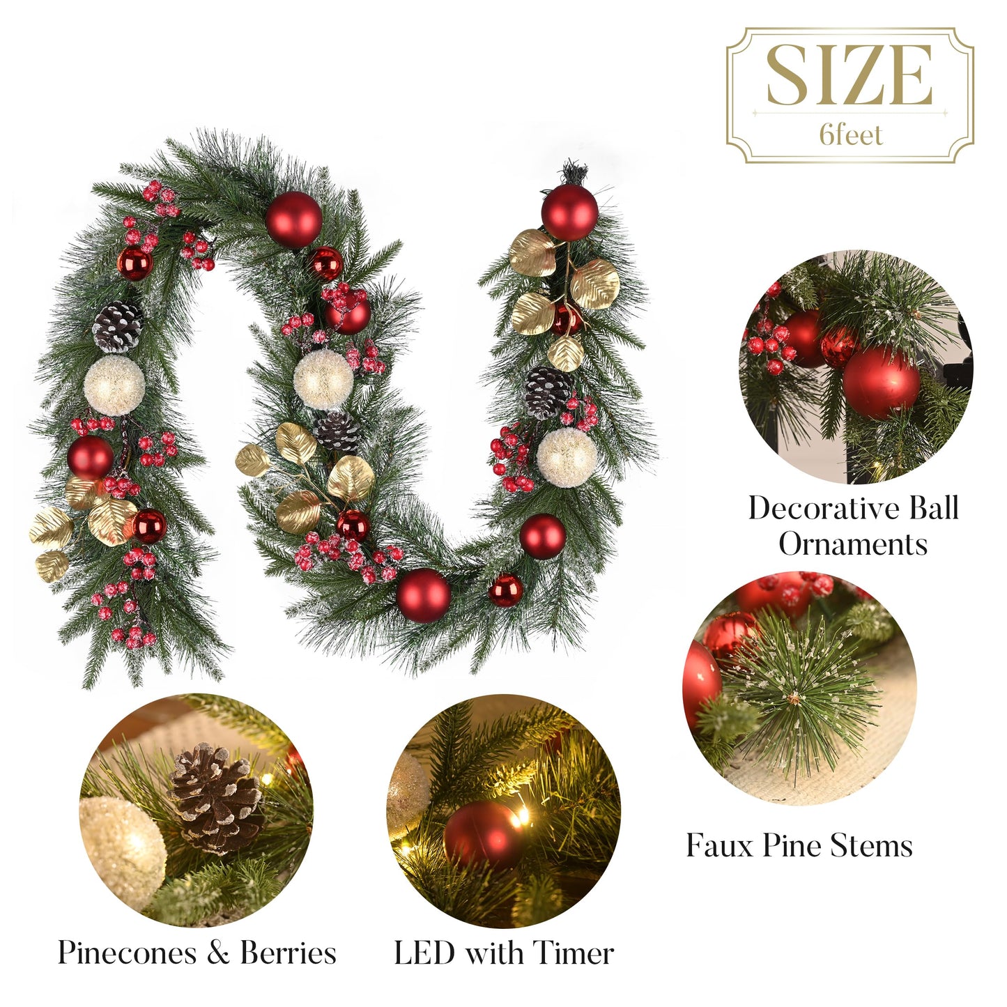 Valery Madelyn 6 Ft Pre-Lit Christmas Garland with Lights for Mantle, Lighted Outdoor Xmas Garland with Red Gold Balls Norfolk Pine for Home Stairs Fireplace Table Centerpiece Indoor Holiday Decor