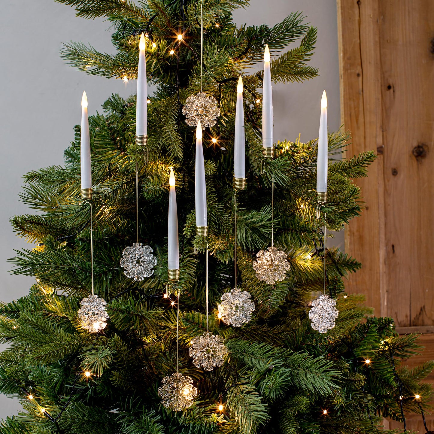 LUSHARBOR Christmas Tree Candles, 10 Pack Flameless Taper Candles for Christmas Tree, LED Battery Operated Fake Candle with Remote for Xmas Wedding Decor with Crystal Snowflake Hook