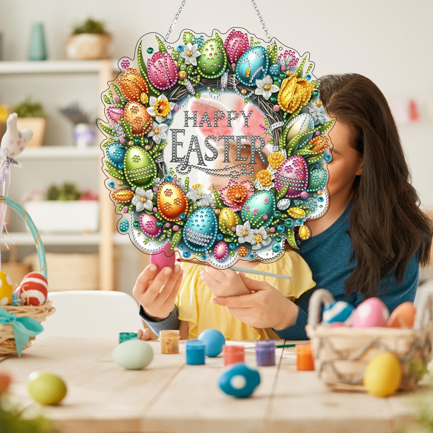 DIY Acrylic Diamond Art Painting Wreath Kits Special Shaped Rhinestone 5D Diamond Art Window Pendants Home Garden Wall Hanging Kits Hanging Ornament (Easter Wreath)
