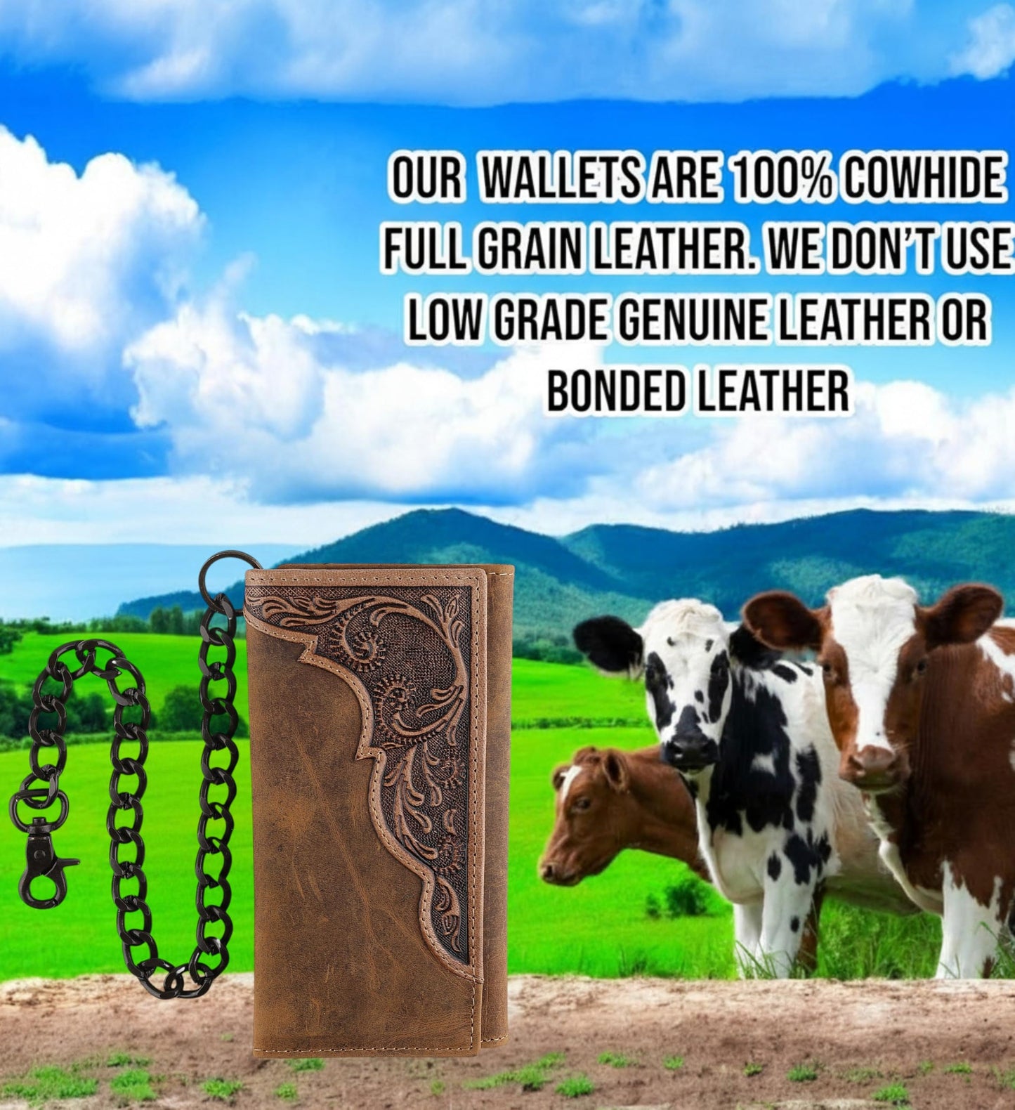 F&L CLASSIC RFID Blocking Mens Tri-fold Long Style Cowhide Leather Steel Chain Wallet,brown western,212-83