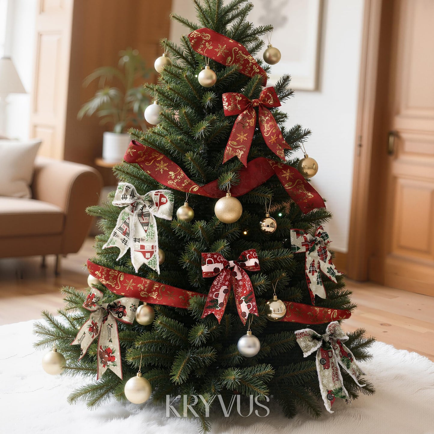 Kryvus Christmas Wired Ribbon, 2.5 Inch x 10 Yards, Red Linen Christmas Ribbon with Gold Wired Edge for Wreaths, Gift Wrapping, Christmas Tree Decorations & Holiday Crafts (Truck/Snow)