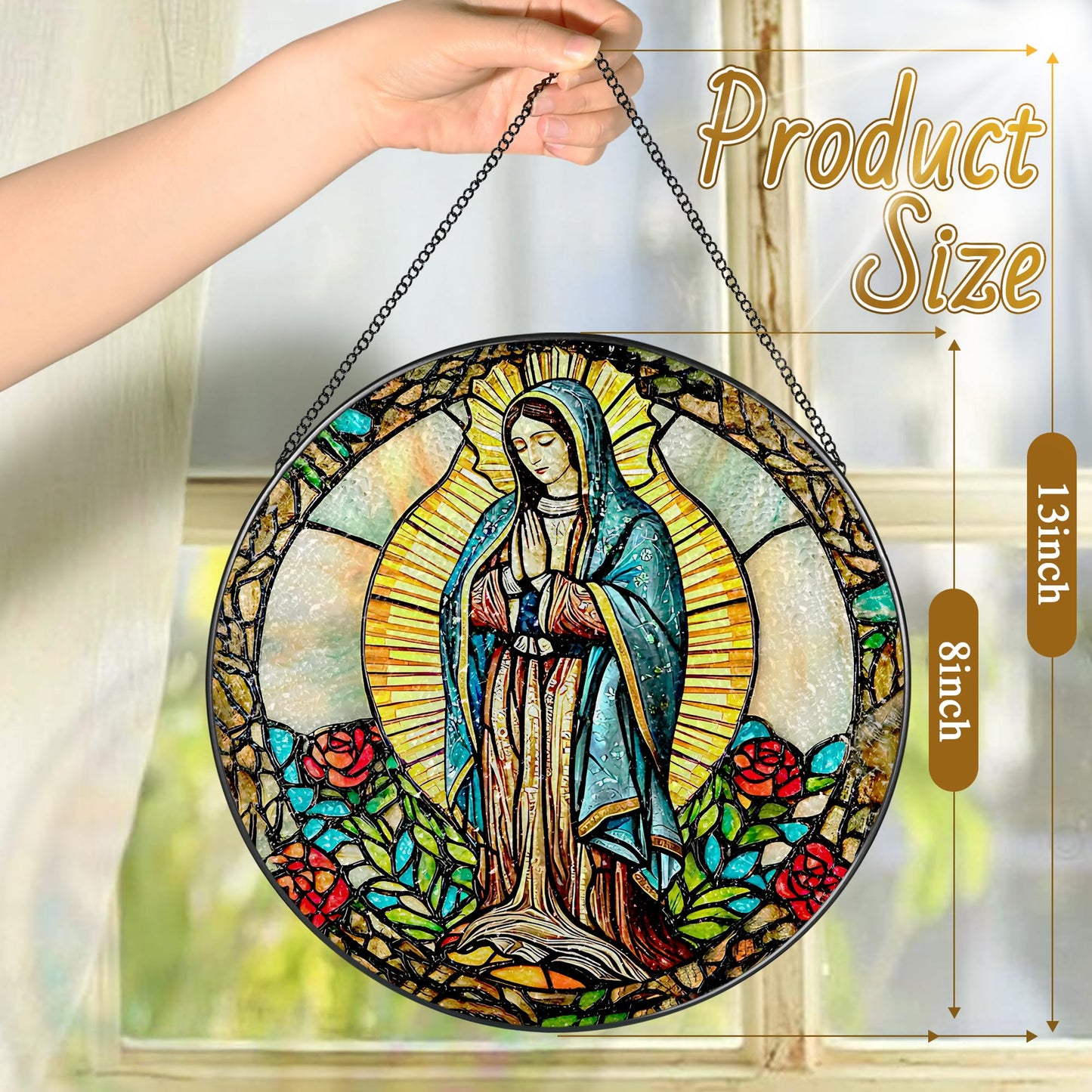 8 Inch Our Lady of Guadalupe Stained Glass Suncatcher, Stained Glass Window Hanging, Mexican Mom Window Hanging, Latin Mom Gift, Gifts for Mother's Day, Religious Gift, Gifts for Christian