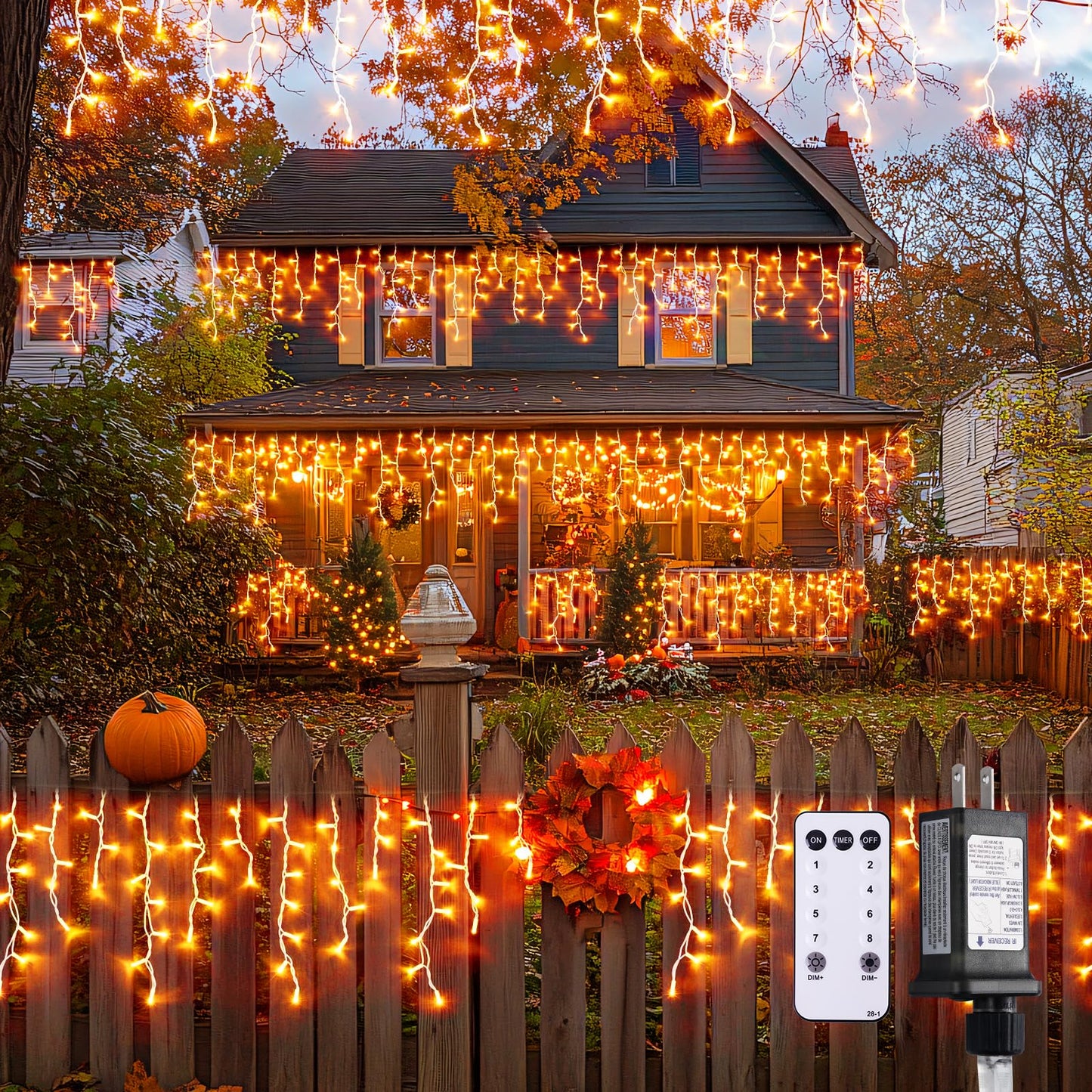 JMEXSUSS Orange Thanksgiving Lights Outdoor, 38.8 FT 400 LED Orange Icicle Lights Outdoor Waterproof, 8 Modes String Light Plug in for Fireplace Tree Garden Patio Thanksgiving Fall Halloween Decor