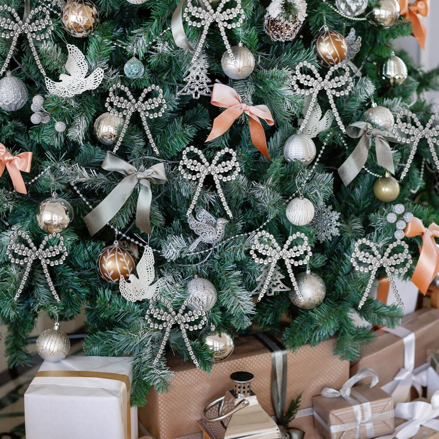 Arrowbash 12 Pcs Pearl Bow Christmas Tree Ornaments Silver Christmas Metallic Pearl Bead Bow Hanging Ornaments 3.15 x 3.54 Inches Pendant for Garland Wreath Gift Wrapping DIY Craft Holiday Decoration