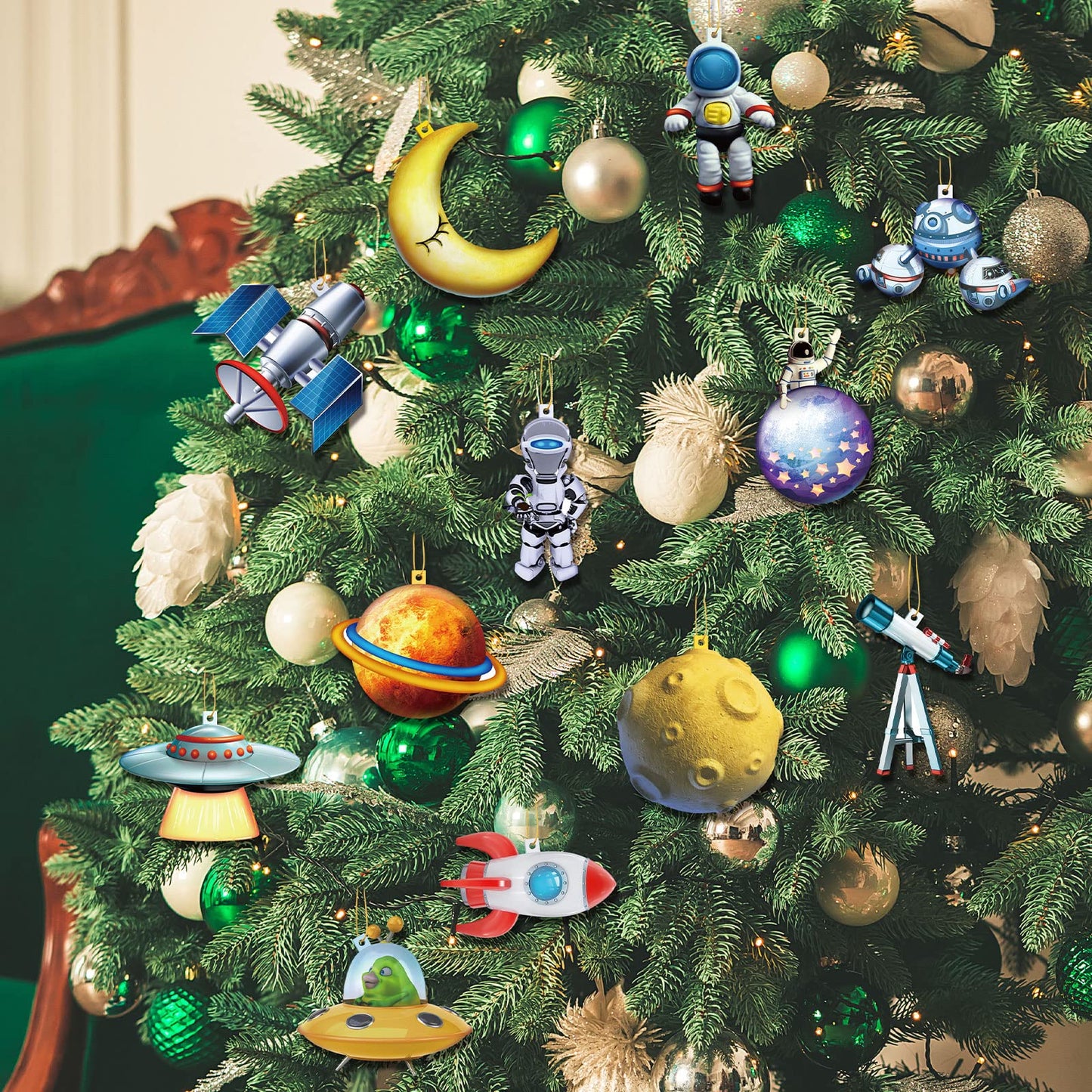 36 Pcs Space Christmas Tree Ornament Wood Christmas Space Gifts Planet Outer Astronaut Ornament Decor Wooden Hanging Xmas Spacecraft Decorations Xmas Holiday Party Supplies for Kids Rocket Ship Decor
