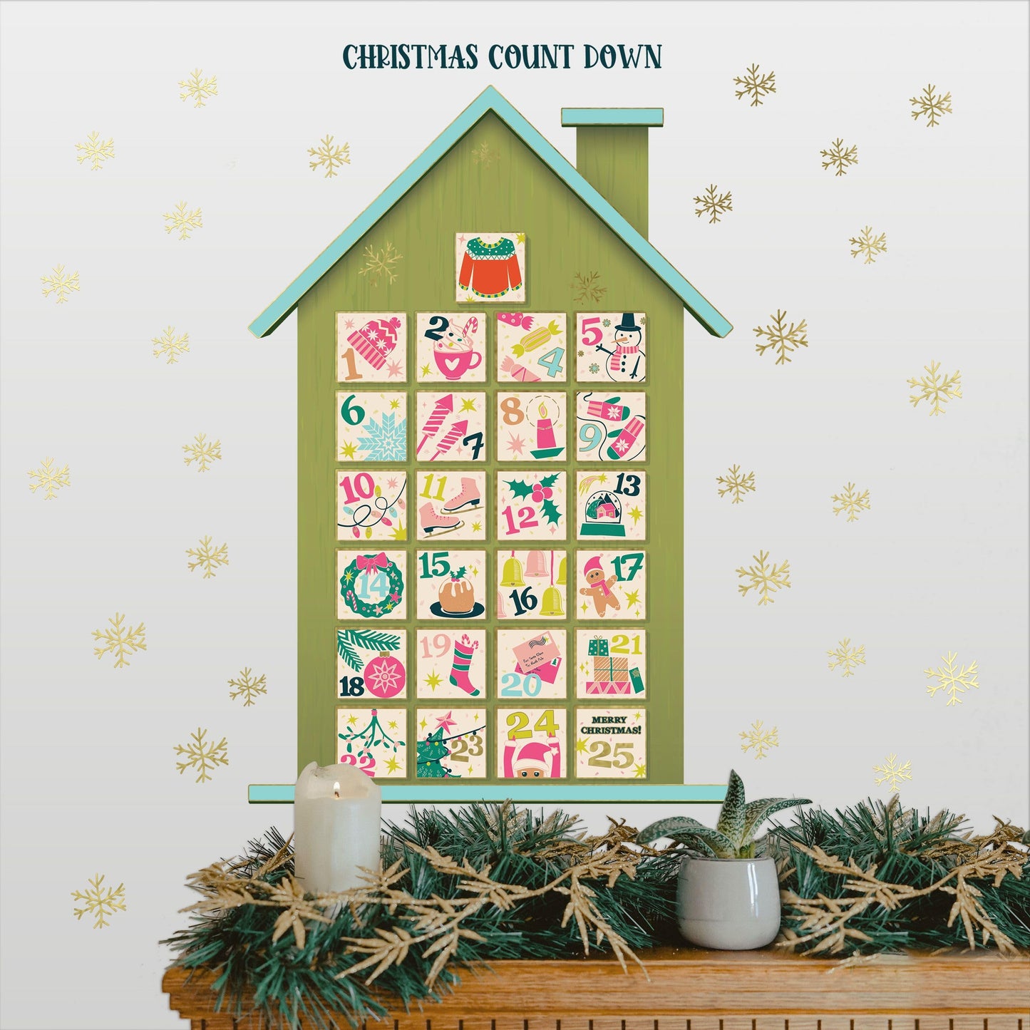 Wall Wear Trendy Christmas Decal Kit – 9 Peel & Stick Sheets with Festive Ornaments, Snowflakes & Countdown Calendar. Removable, Water-Resistant & Rental-Safe Holiday Wall décor.