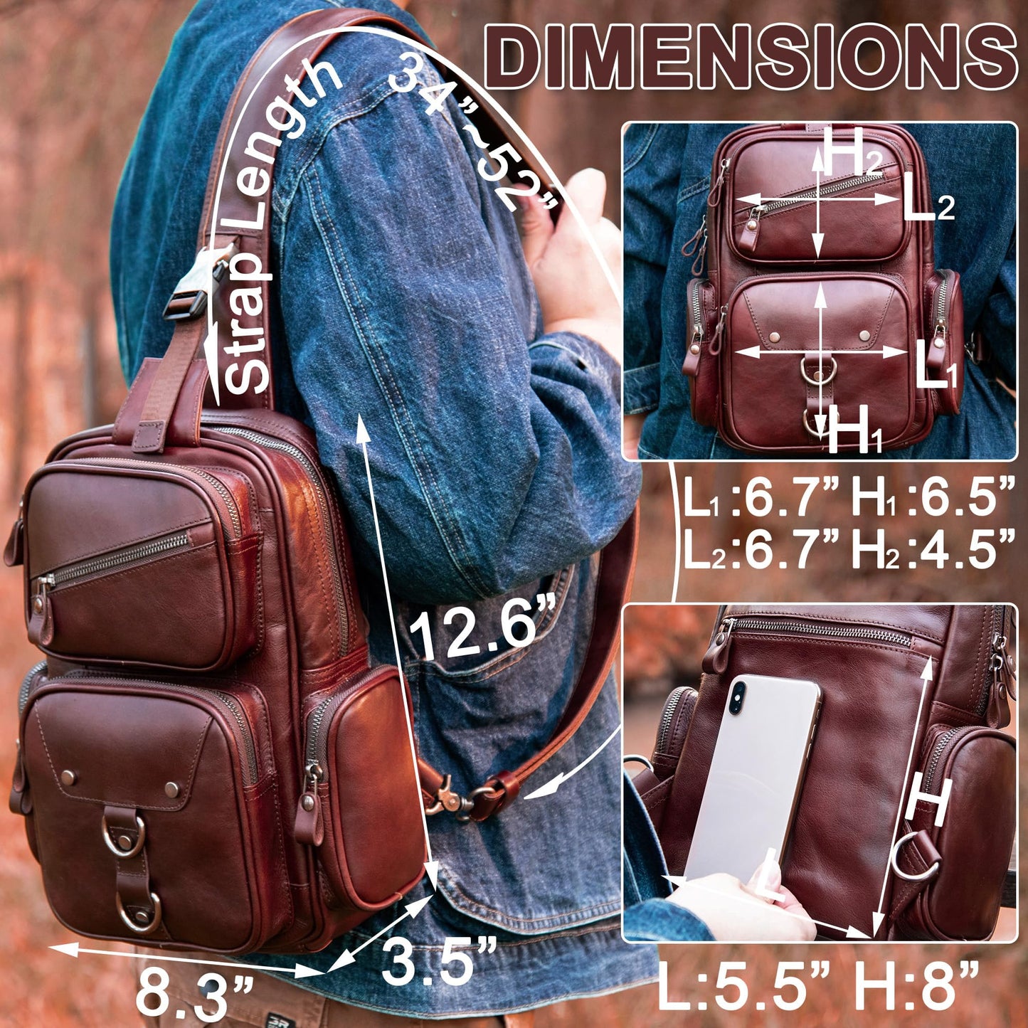 CENUNCO Genuine Leather Sling Bag for Men Large Crossbody Shoulder Bag Casual Sling Backpack Anti-Theft Travel Chest Purse (Dark Brown)