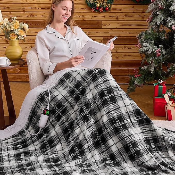 Black Heated Blanket Electric Full Size,72X84 Heating Blanket,Plaid Soft Sherpa Blankets Warmer Gift for Grandma Women Adult,Fast Heating Washable