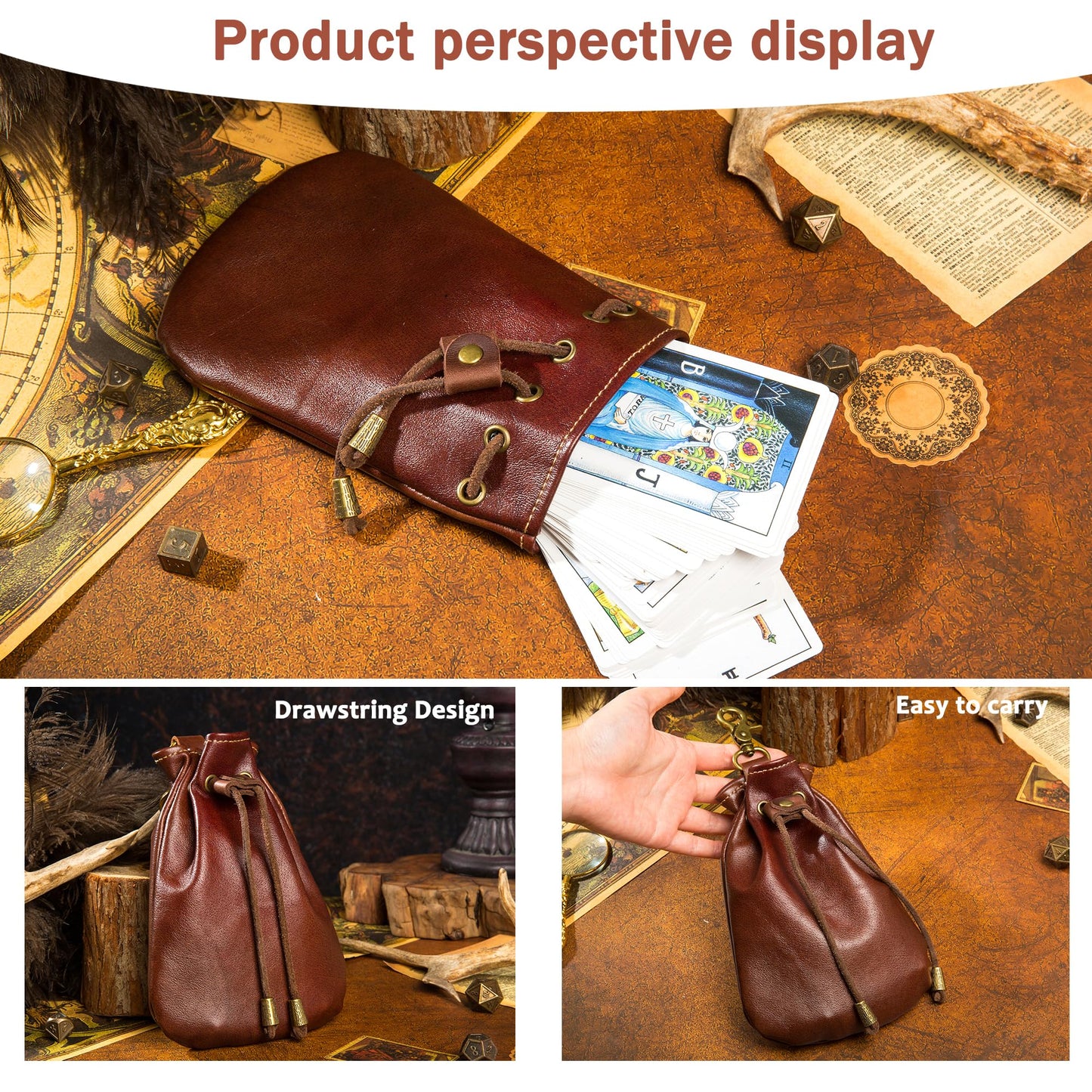CHULEAG Vintage Medieval Drawstring Belt Pouch, FULL-GRAIN Leather, handmade, portable coin&dice purse with keychain. (Big)