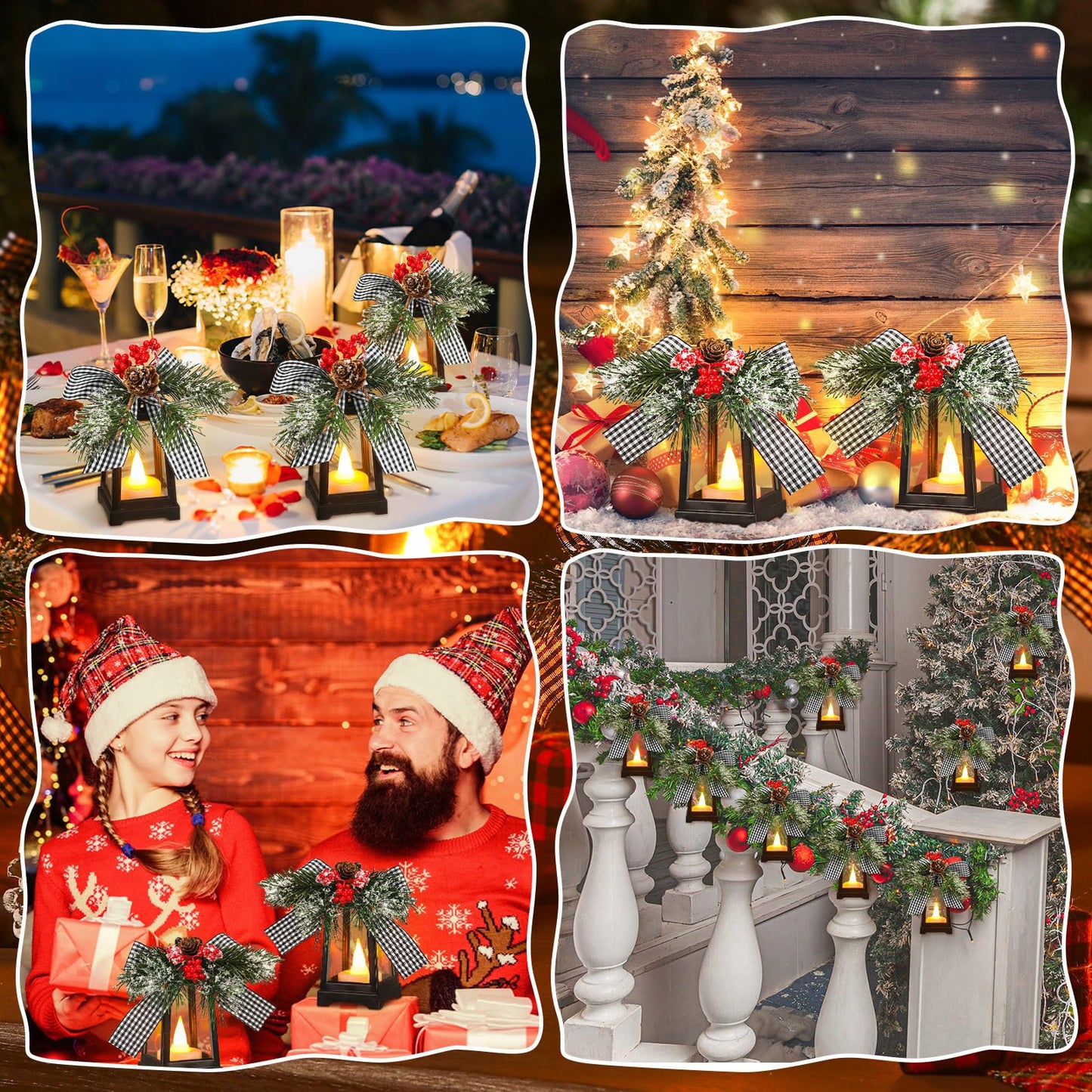Set of 6 Christmas Mini Decorative Lanterns with Flickering LED Flameless Candle Hanging Lantern Decoration Bulk with Buffalo Plaid Bow Battery Included for Xmas Party (Black and White Bow)