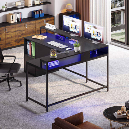 YITAHOME L Shaped Desk with Power Outlets & LED Lights, 67" Computer Desk with File Drawer, Corner Desk Home Office Desks with Monitor Stand & 3 Cubbies Storage Shelves, Black