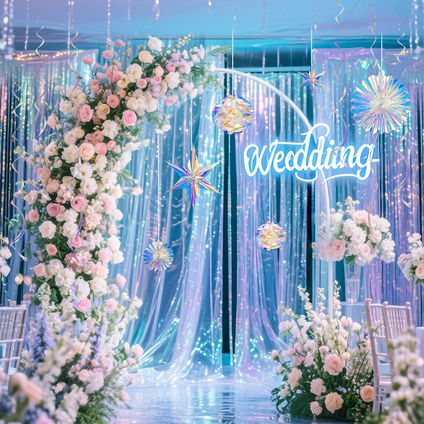 BTSD-home Iridescent Party Decorations with Hanging Honeycomb Ball Decorative Paper Fan Snowflake Garlands Ribbons Disco Party Wedding Birthday Graduation Christmas Celebration Decor Supplies