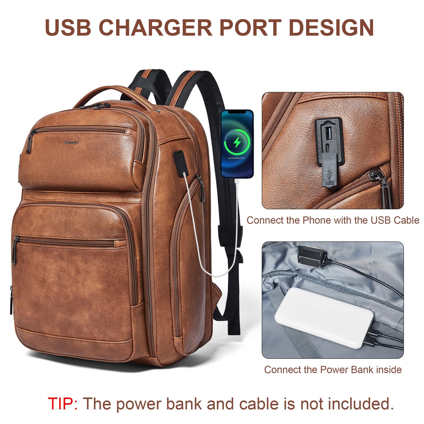 tiamyi Vegan Leather Backpack, 40L Expandable, TSA Travel Backpack for Men and Women, Fits 17.0 Inch Notebook with Luggage Strap and USB Port, Brown