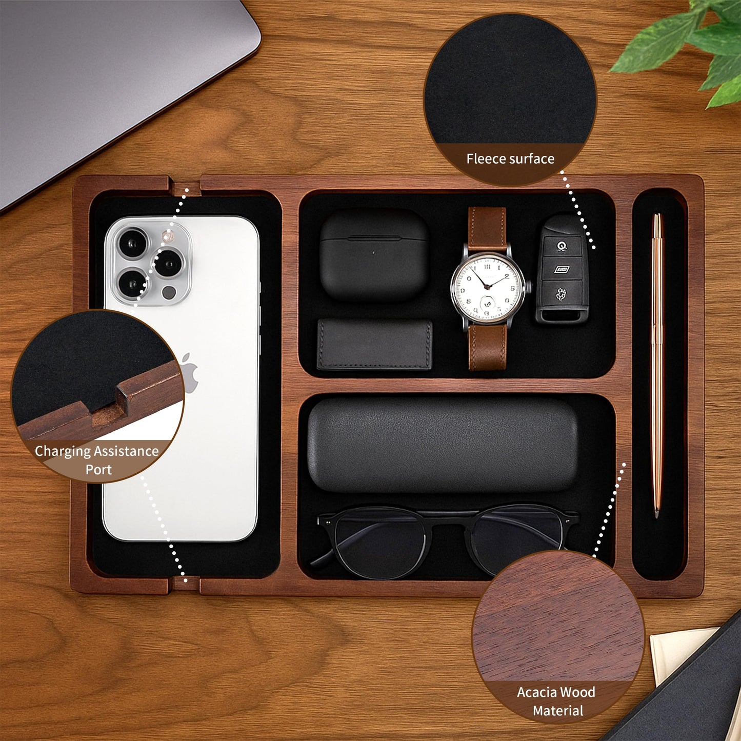 Valet Tray, Multi-Space Acacia Wood Leather Surface Desk Organizer Tray with Charging Assistance Port for Office or Study Room, Nightstand Organizer for EDC, Store Phone, Watch, Wallet, Keys, Jewelry