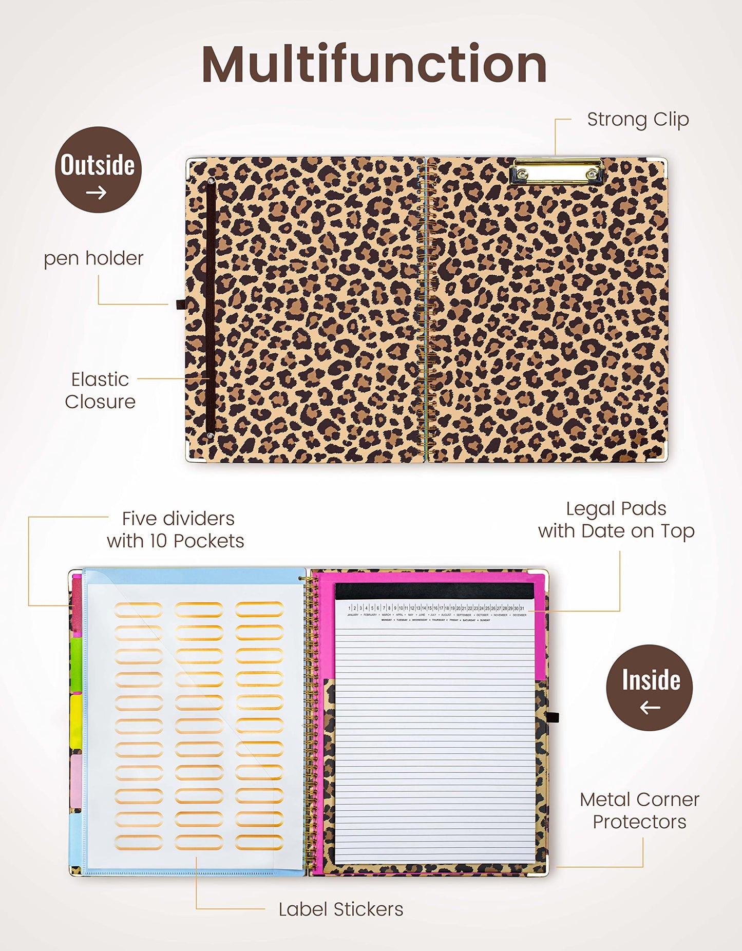 Mymazn Clipboard with Storage, Clipboards Folio with Refillable 11"x8.5" Legal Pads,5 Extra Folders with Storage 10 Pockets for Documents, Portfolio Binder with Pen Holder for Men Women (Leopard)