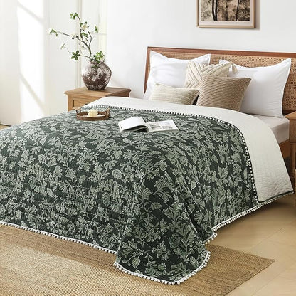 Ultra Soft Pre-Washed Quilted Throw Blanket, Floral Printed Pompom Fringed Dark Green Decorative Throws, Chic Rustic Blanket for Sofa Couch Bed Chair, 90"x 90"