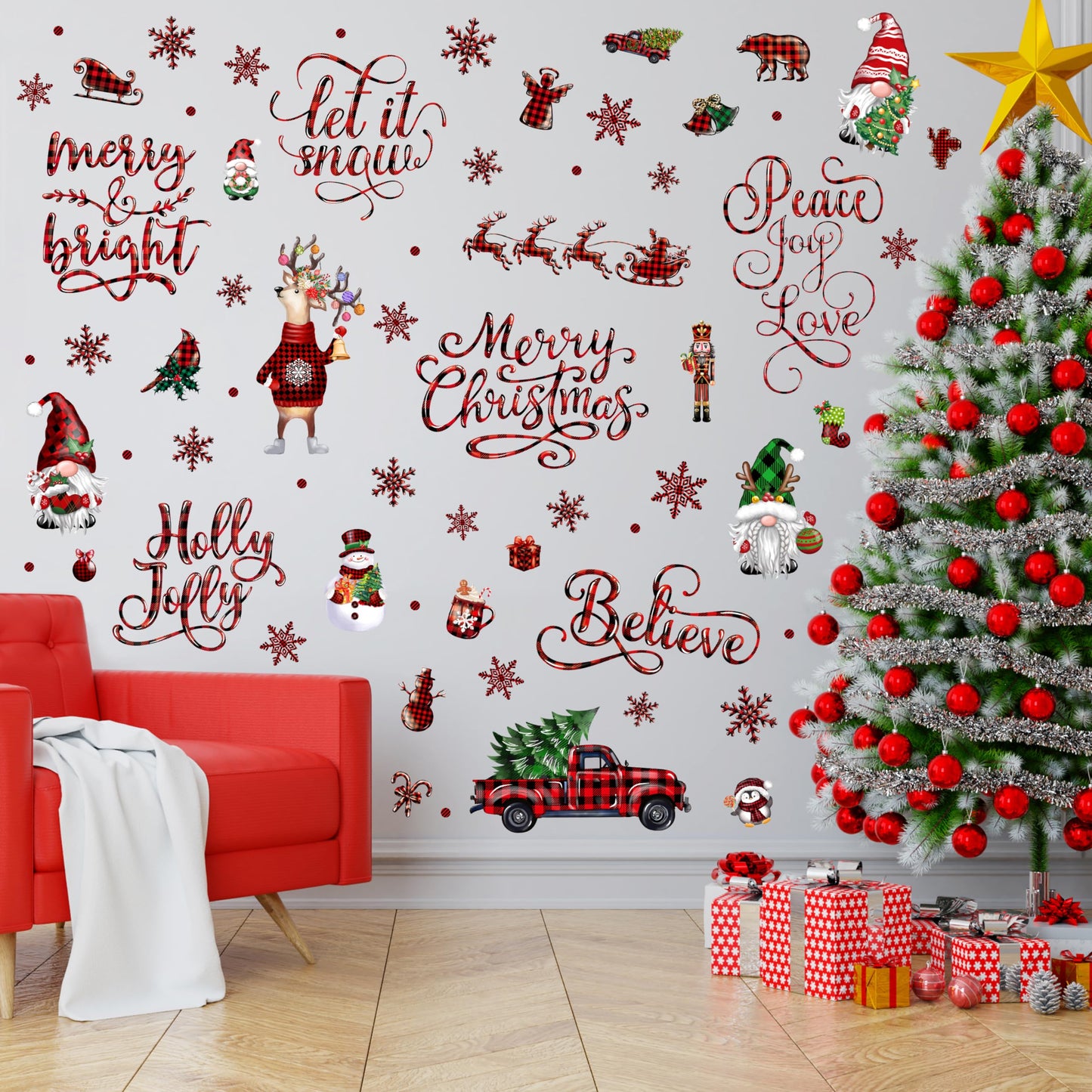 Christmas Wall Stickers Decoration 12 Sheets, Buffalo Plaid Christmas Wall Decals Holiday Letter Trees Decor, Winter Snowflake Vinyl Stickers for Living Room Bedroom Home Office