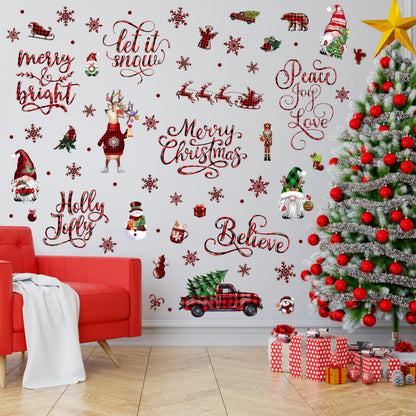 Christmas Wall Stickers Decoration 12 Sheets, Buffalo Plaid Christmas Wall Decals Holiday Letter Trees Decor, Winter Snowflake Vinyl Stickers for Living Room Bedroom Home Office