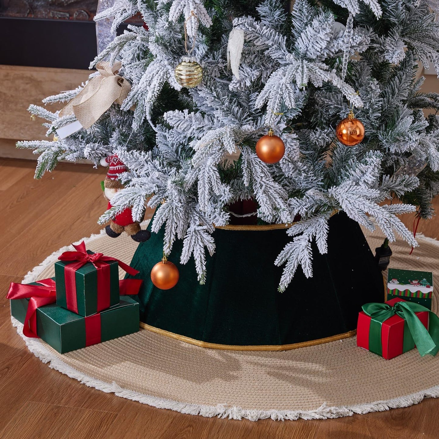 ONGLYP Christmas Tree Collar,25.5'' Velvet Christmas Tree Skirt Foldable Xmas Tree Stand Base Cover,Easy Set Up Tree Collar for Artificial Trees Holiday Home Decoration (Dark Green)