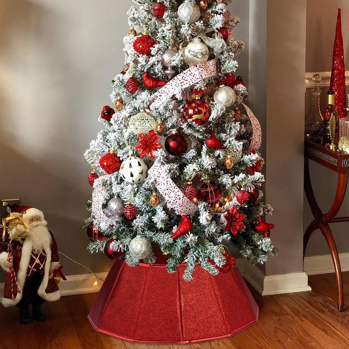 Blissun Fabric Christmas Tree Collar, Glittering Tree Ring, Willow Tree Skirt for Christmas Decorations (Glitter Red)