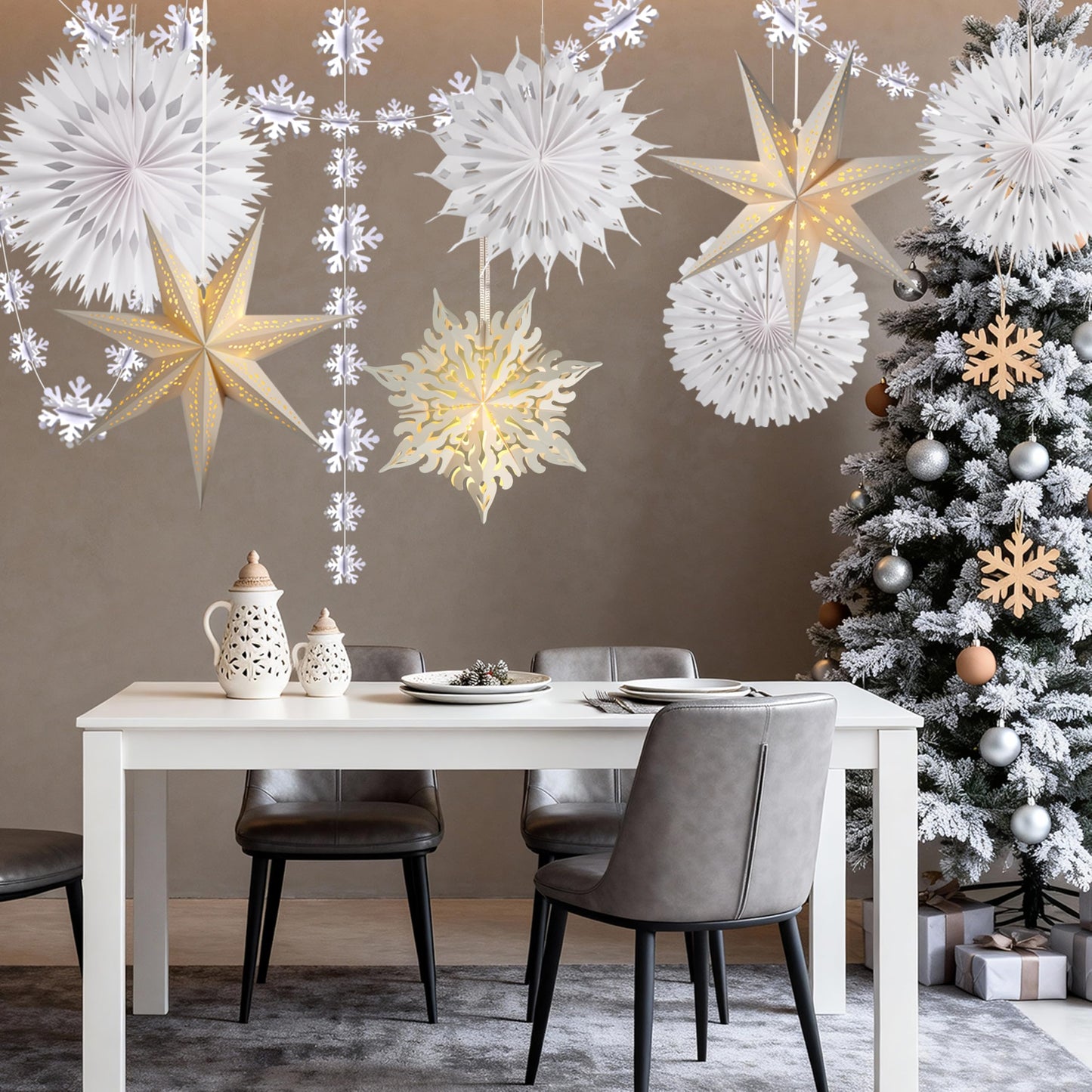 Winter Wonderland Snowflake Party Decorations, Christmas Hanging Decor, White Paper Star Snowflake Lanterns with Lights Paper Fans Garlands Set for Christmas Frozen Winter Birthday Wedding Party Decor