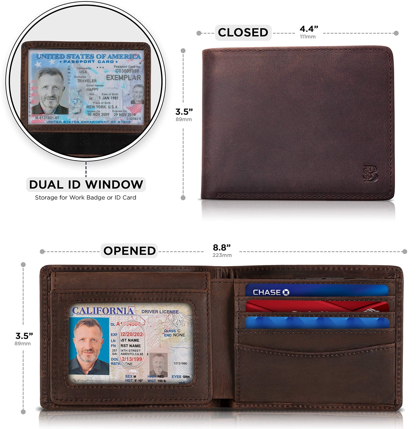 SERMAN BRANDS 2 ID Window Wallet for Men RFID Blocking Leather, Bifold Top Flip, Extra Capacity Travel Wallet (Texas Brown Executive)