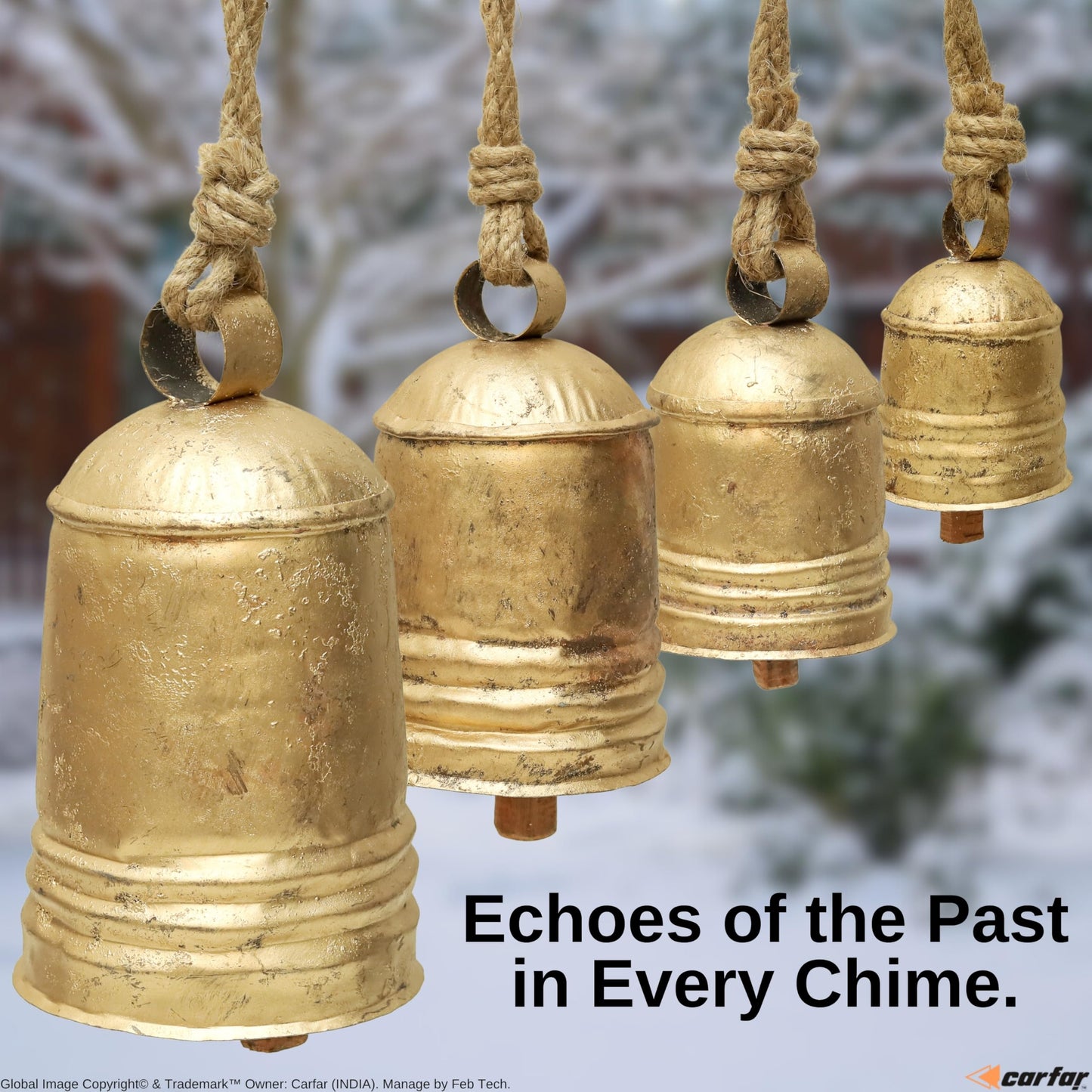 Set of 4 Rustic Metal Christmas Bells Large Hanging Brass-Gold Cowbells with Jute Rope | Farmhouse Wall, Porch & Holiday Decor