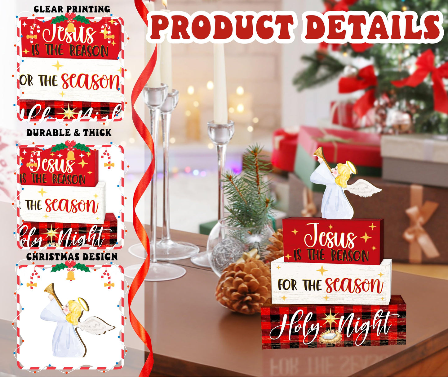 4 Pcs Angel Christmas Decor, Jesus Table Decorations, Holy Night Christmas Tiered Tray Desk Decor Gifts, Wooden Christian Stack Block Signs Table Centerpiece for Farmhouse Office -A03