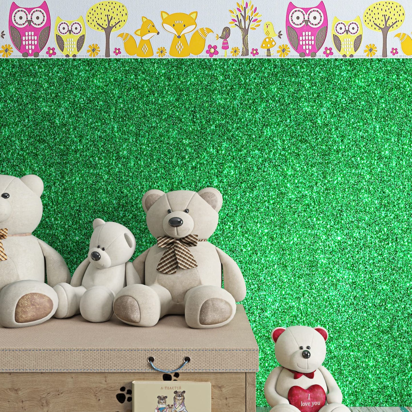 FunStick 15.8"x240" Irish Green Glitter Peel and Stick Wallpaper Self Adhesive Green Glitter Contact Paper Waterproof Decorative Sparkle Glitter Wallpaper Stick and Peel for Walls Cabinet Crafts Shelf