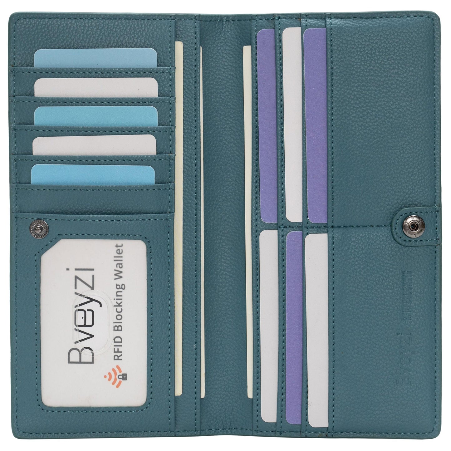 Bveyzi Ultra Slim Thin Leather RFID Blocking Credit Card Holder Bifold Clutch Wallets for Women (Lake Blue)
