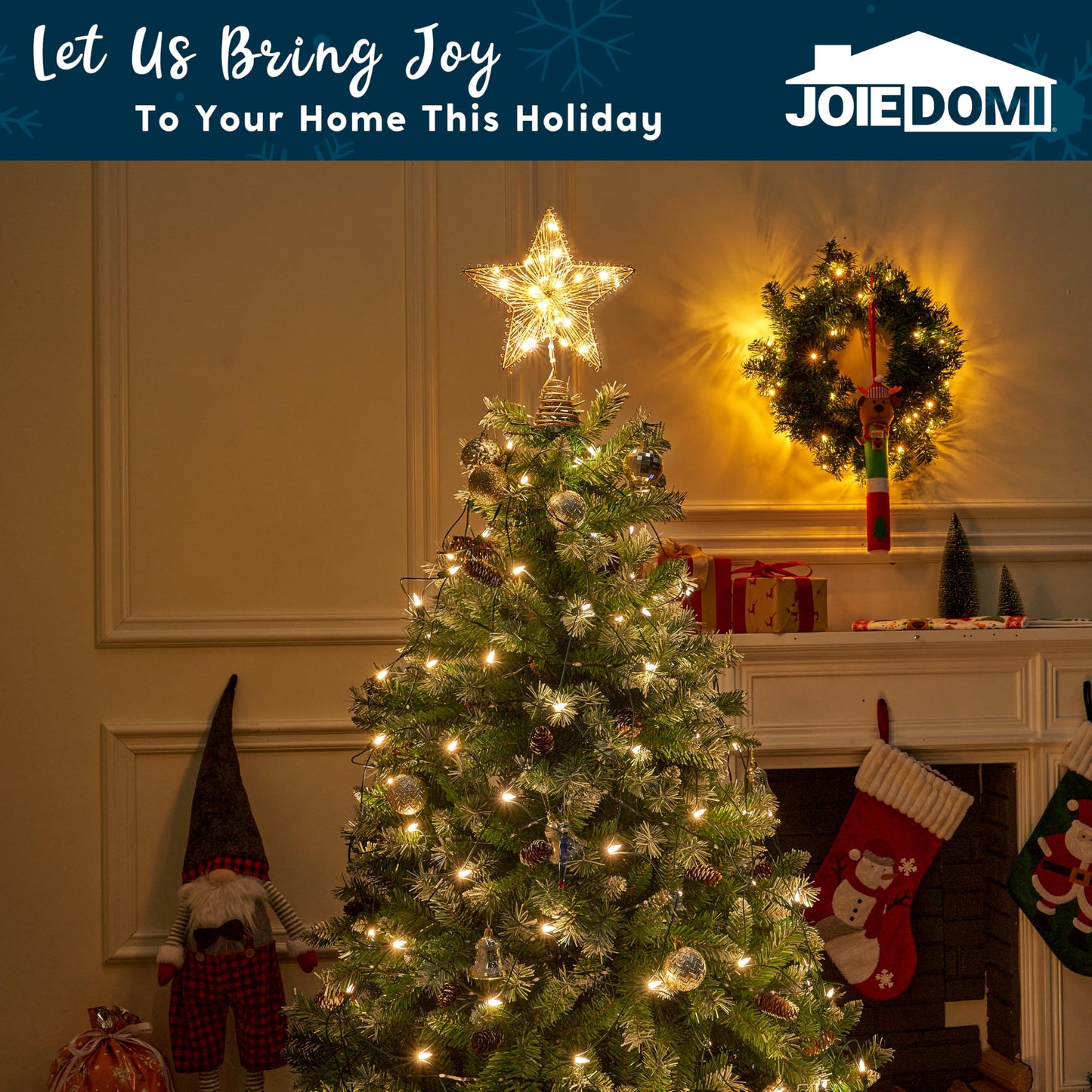 Joiedomi Christmas Tree Toppers 8" Gold Metal Star Decor with Battery Powered Treetop Ornaments with Warm White LED Lights for Xmas Holiday Party Indoor Decorations