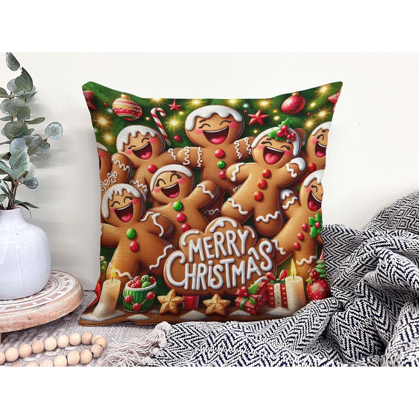 Jiaopenyou Throw Pillow Cover 20x20 Inch,Gingerbread Men Dancing Merry Christmas Decorated with Icing Candies Christmas Tree Throw Pillow Case,Home Decor Cushion Covers for Sofa Living Room Couch Bed