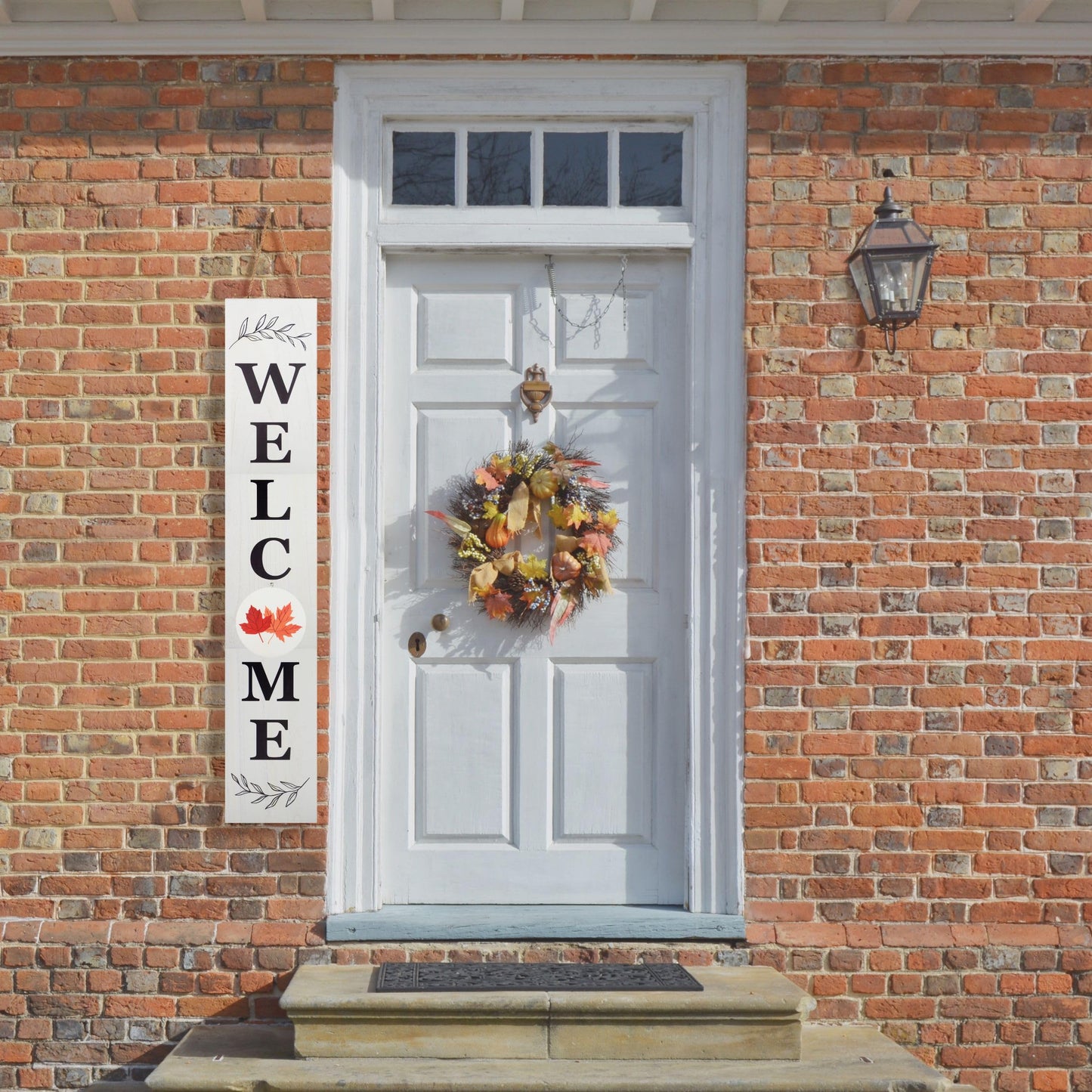 Perfnique Interchangeable Welcome sign for front porch standing, 47 x 7.9 Inch Black Wooden Leaner Sign with 10 Interchangeable Designed Icons, Modern Farmhouse Rustic Seasonal Decor for Spring Easter Fall Christmas (White)