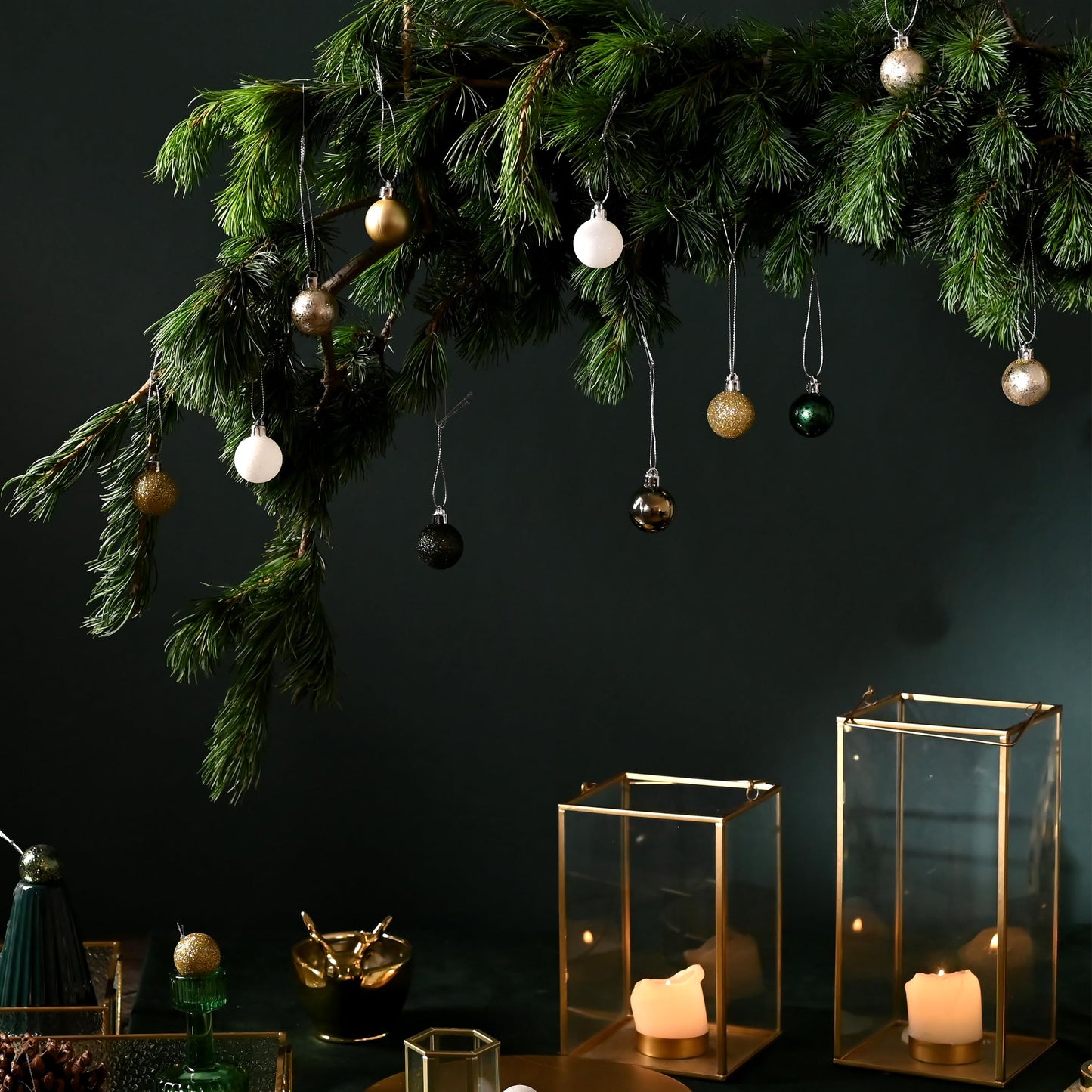 DecorbyHannah Mini Christmas Ornaments Tree Decorations, 49ct 1.18inches Emerald Green Gold Small Tree Ornaments, Shatterproof Plastic Ball Set for Holiday Xmas Decor