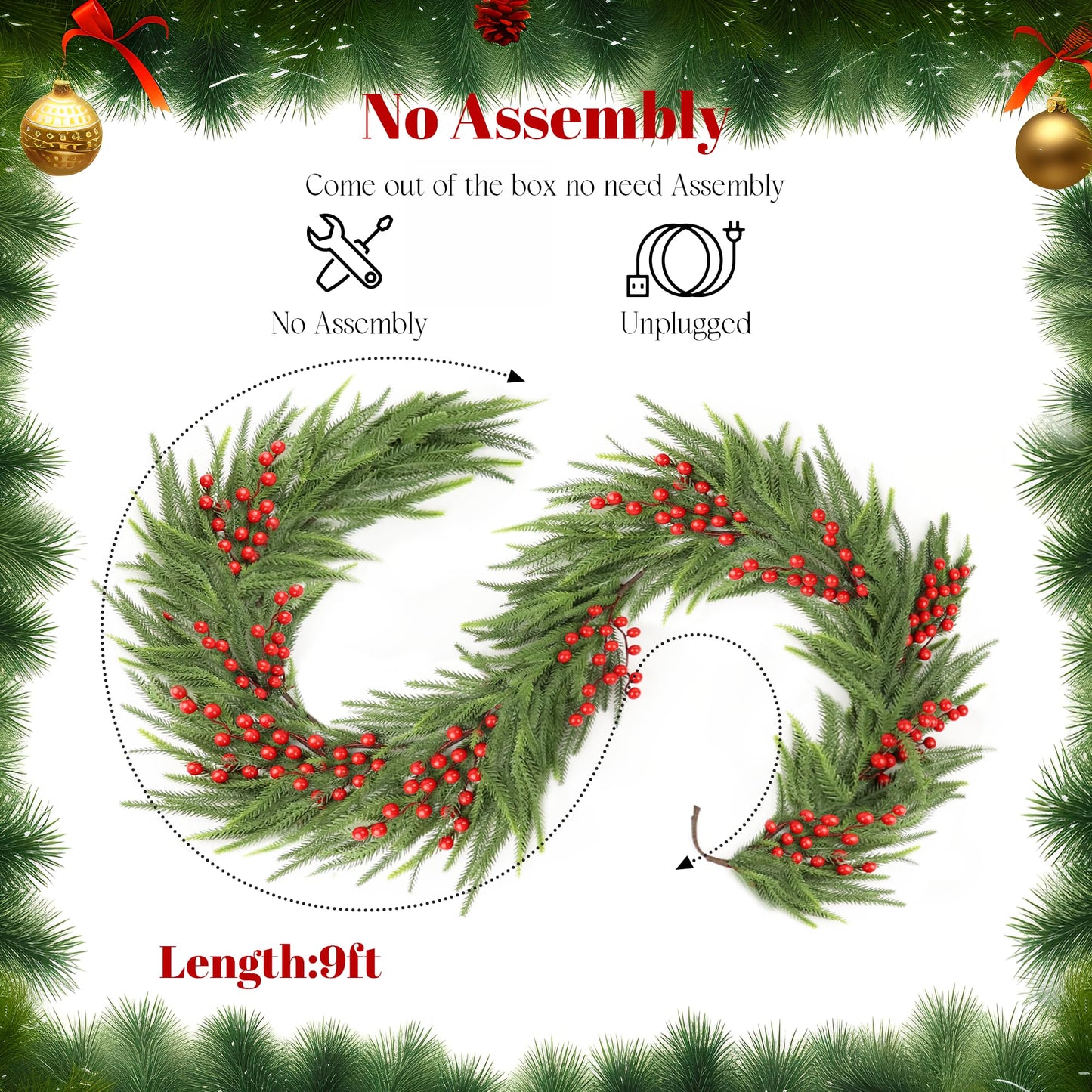 Christmas Norfolk Pine Garland 2PCS 9FT,Real Touch Faux Winter Greenery Garland with Light for Stairs Table Fireplace Backdrop Wall,Christmas Holiday Seasonal Winter Decor