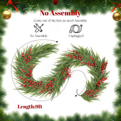 Christmas Norfolk Pine Garland 2PCS 9FT,Real Touch Faux Winter Greenery Garland with Light for Stairs Table Fireplace Backdrop Wall,Christmas Holiday Seasonal Winter Decor