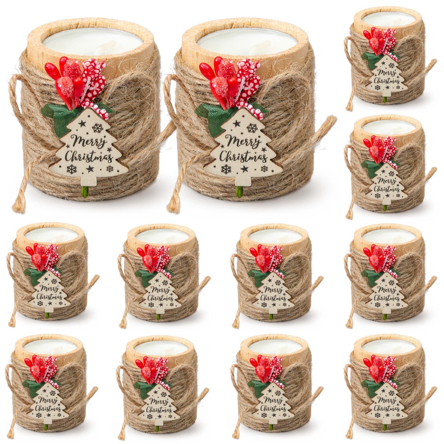 12 PCS Wooden Candle Holders with Candles, Christmas Party Favors with Jute Rope, Holiday Tealight Holders for Table Centerpieces, Home Decoration, Stocking Stuffers