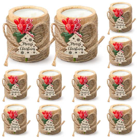 12 PCS Wooden Candle Holders with Candles, Christmas Party Favors with Jute Rope, Holiday Tealight Holders for Table Centerpieces, Home Decoration, Stocking Stuffers