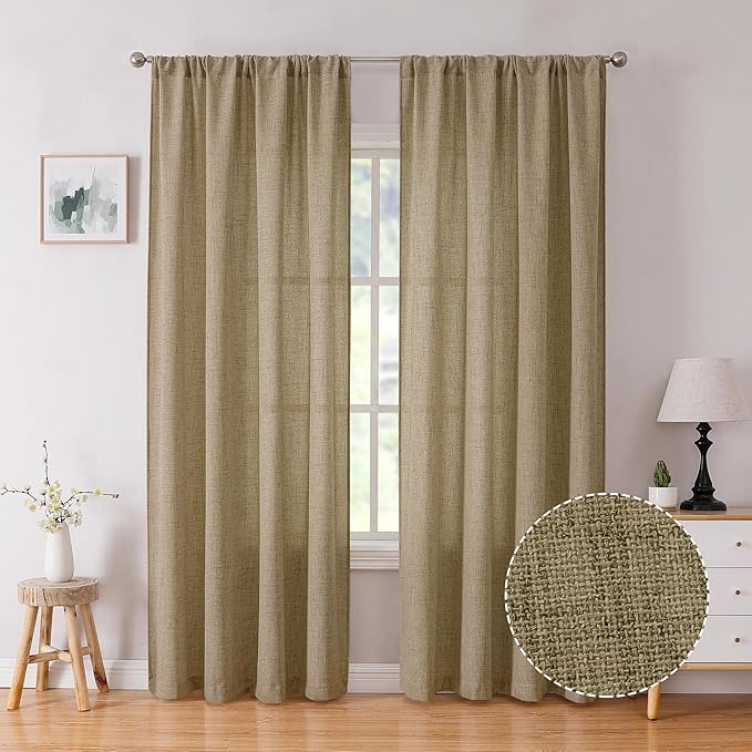Tollpiz Linen Curtains Bedroom Rod Pocket Semi Sheer Curtain Burlap Light Filtering Thick Linen Drapes for Living Room, 54 x 84 inches Long, Taupe, Set of 2 Panels