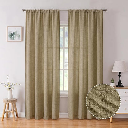 Tollpiz Linen Curtains Bedroom Rod Pocket Semi Sheer Curtain Burlap Light Filtering Thick Linen Drapes for Living Room, 54 x 84 inches Long, Taupe, Set of 2 Panels