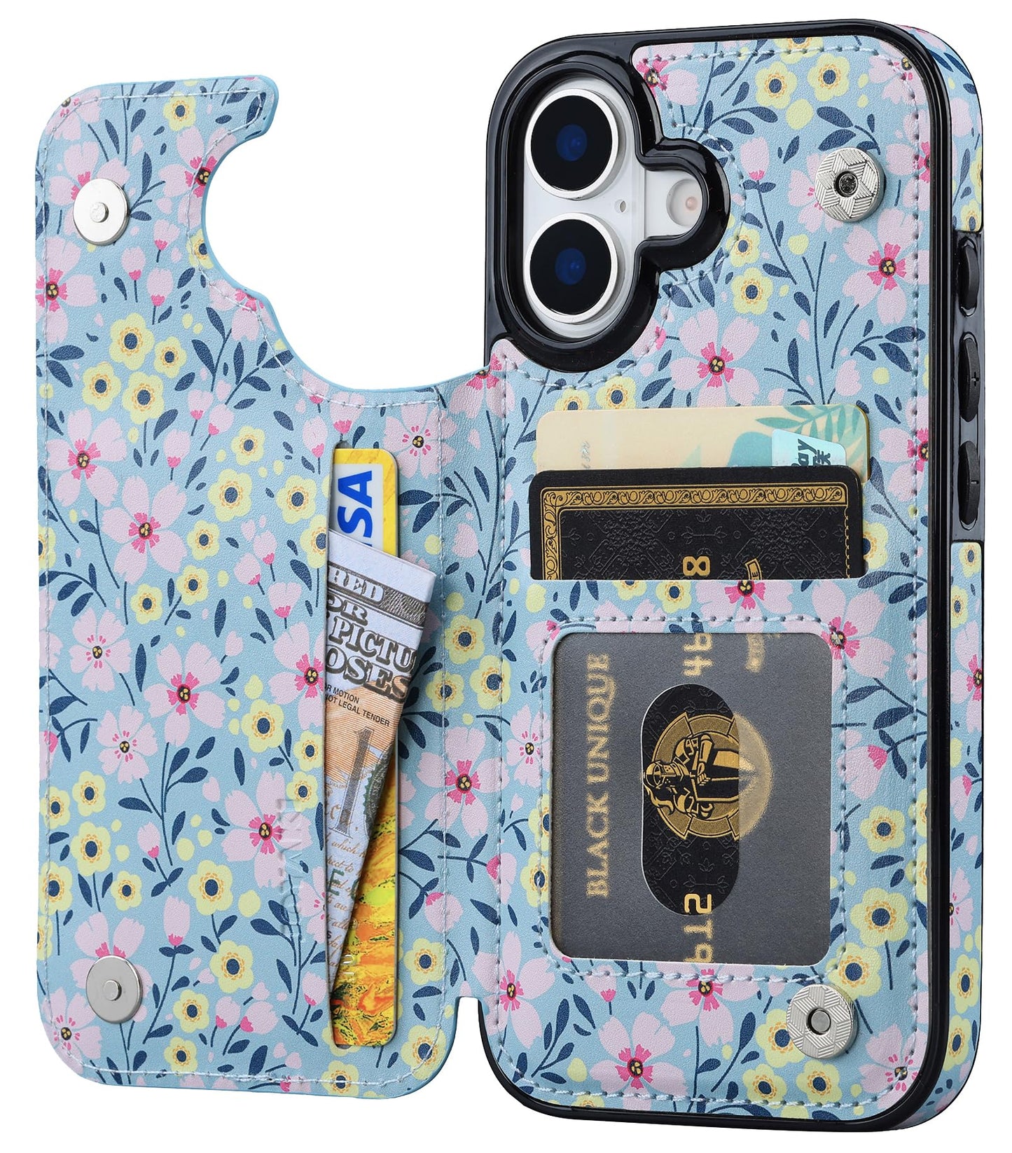 JOYAKI Compatible with iPhone 17 Wallet Case with Card Holder, Flip PU Leather Kickstand Case with Screen Protecor, Double Magnetic Clasp with Screen Protector Cover 6.3" -Sunny Day Bloom