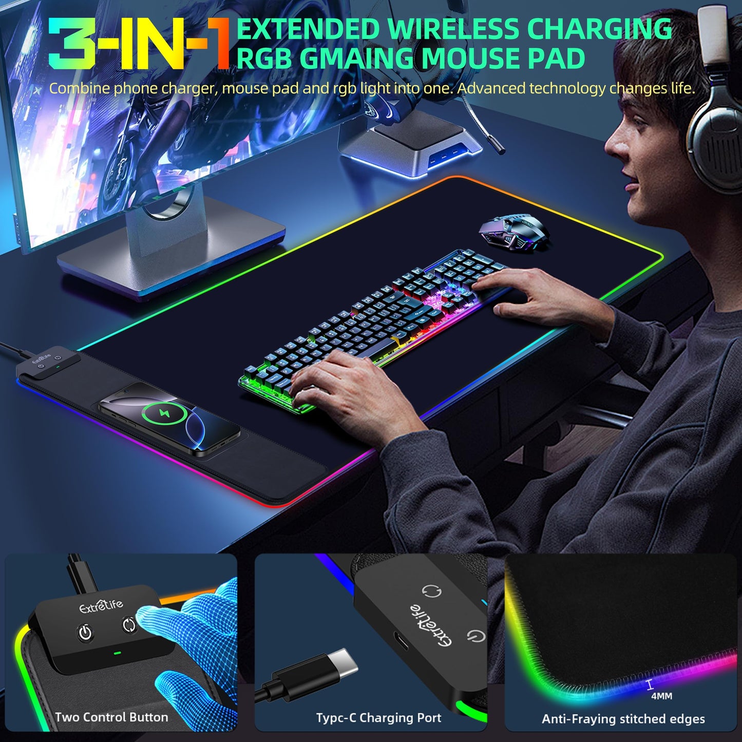 Mouse Pad with Wireless Charging, RGB Gaming Mousepad, Large Desk Mat with Ultra-Smooth Surface, Non-Slip Mouse Mat, Waterproof Computer Keyboard Pad for Gaming, Desk, Office, PC, 800x400x4MM, Black