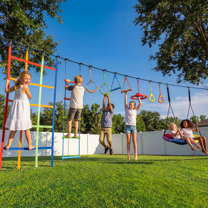 Hapfan 50 FT Ninja Warrior Obstacle Course Swing Set for Kids with Weather-Proof Accessories, Outdoor Playset with Monkey Bars for Backyard