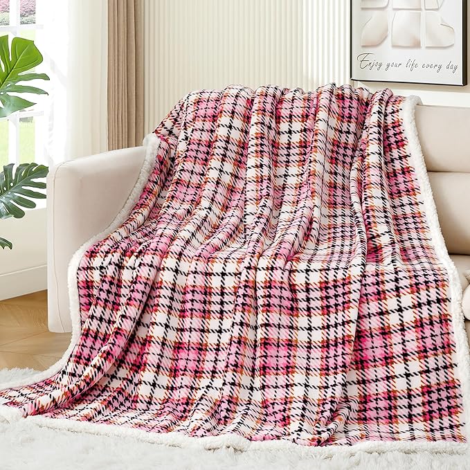 Touchat Sherpa Plaid Throw Blanket, 60" X 70" Fuzzy Fluffy Cozy Soft Blanket, Fleece Flannel Plush Twin Size Microfiber Blanket for Couch Bed Sofa, Black&Pink