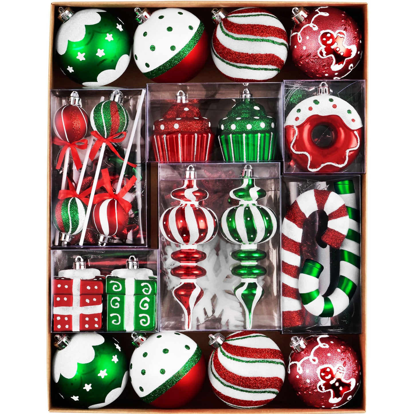 Valery Madelyn Christmas Ball Ornaments Set, 80ct Candy Cane Red Green White Shatterproof Christmas Tree Decorations, Variety Decorative Hanging Ornaments Bulk for Xmas Holiday Party Decor