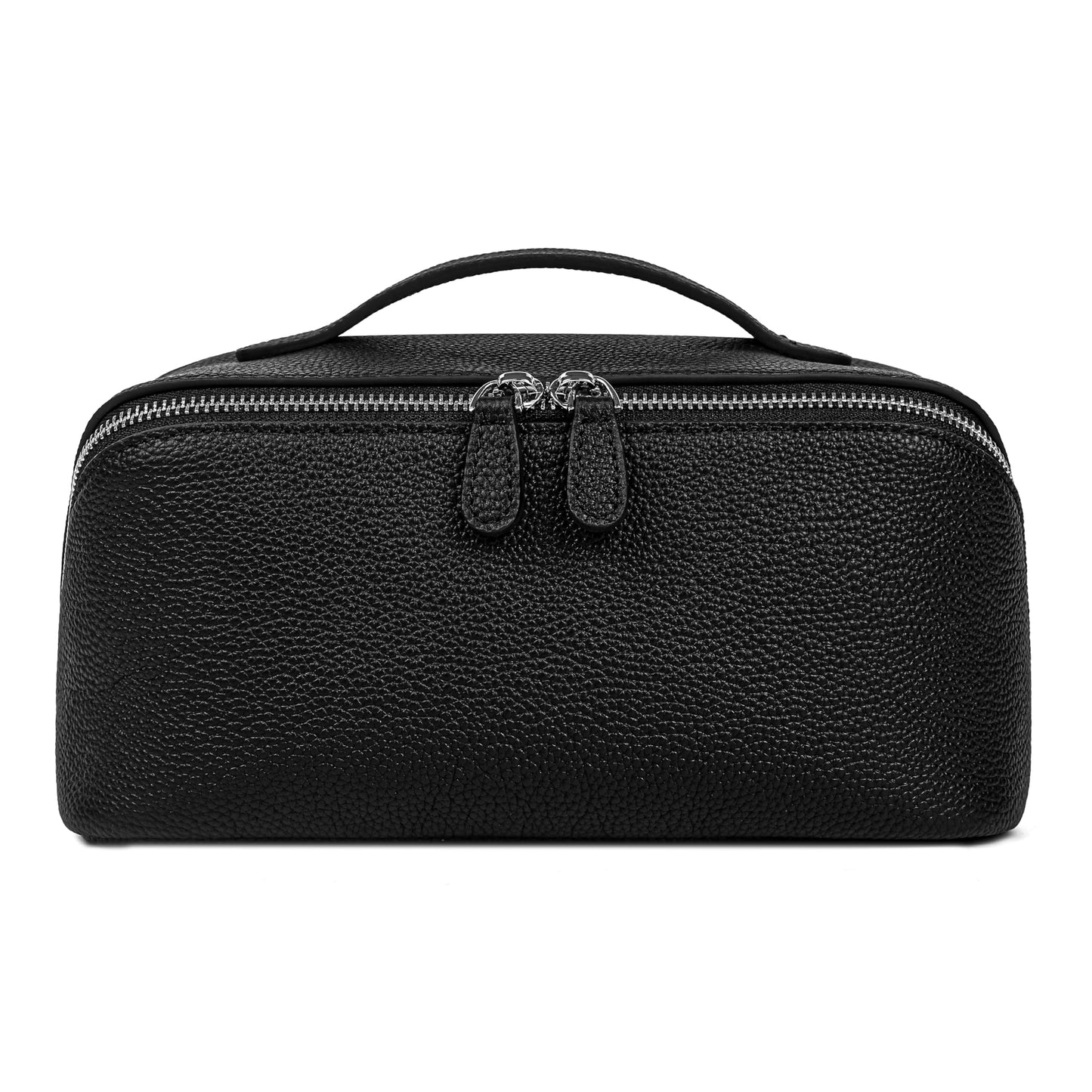 DORIS&JACKY Premium Leather Cosmetic Bag, Large Capacity Travel Makeup Case and Multi PocketsToiletry Storage Organizer with Divider and Tote Handle (1-Black)